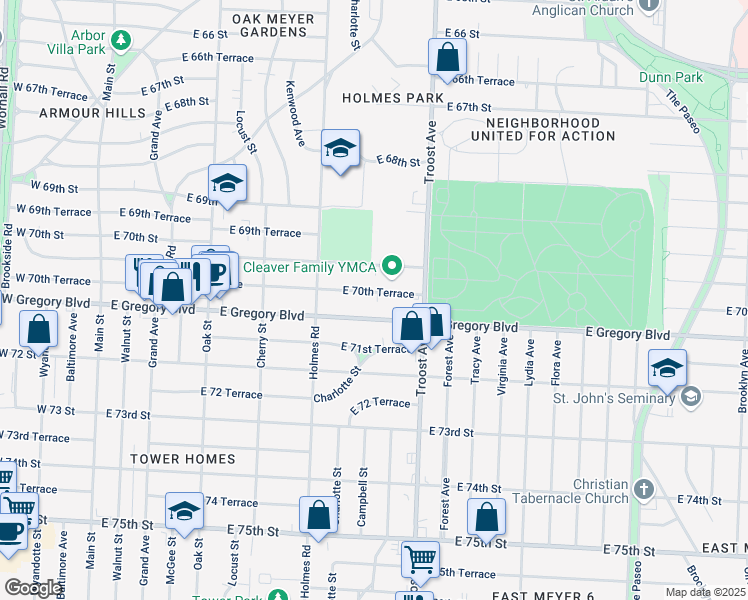 map of restaurants, bars, coffee shops, grocery stores, and more near 736 East 70th Terrace in Kansas City