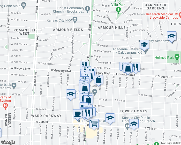 map of restaurants, bars, coffee shops, grocery stores, and more near W Gregory Blvd & Brookside Rd in Kansas City