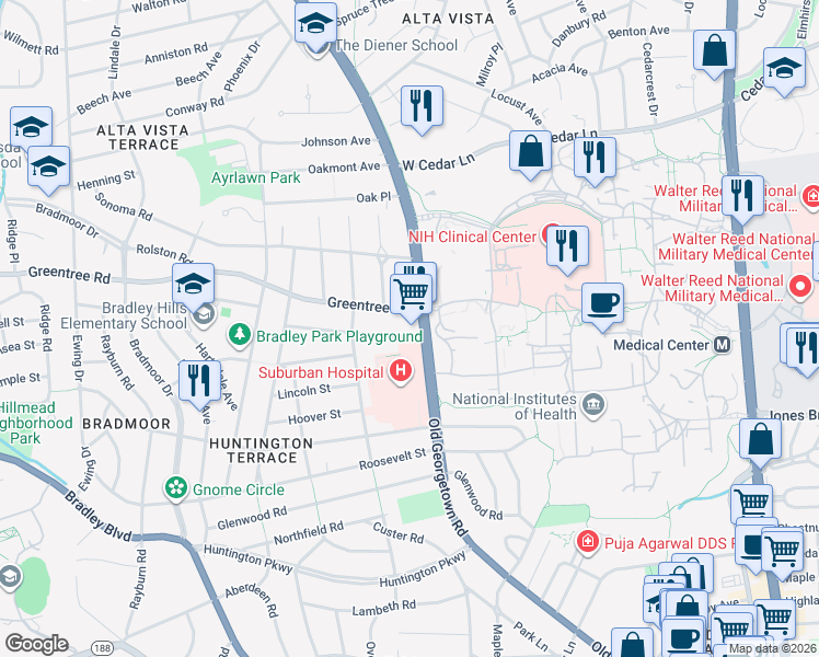 map of restaurants, bars, coffee shops, grocery stores, and more near 5501 Southwick Street in Bethesda