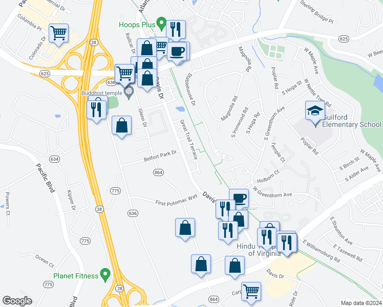 map of restaurants, bars, coffee shops, grocery stores, and more near 45509 Trail Run Terrace in Sterling