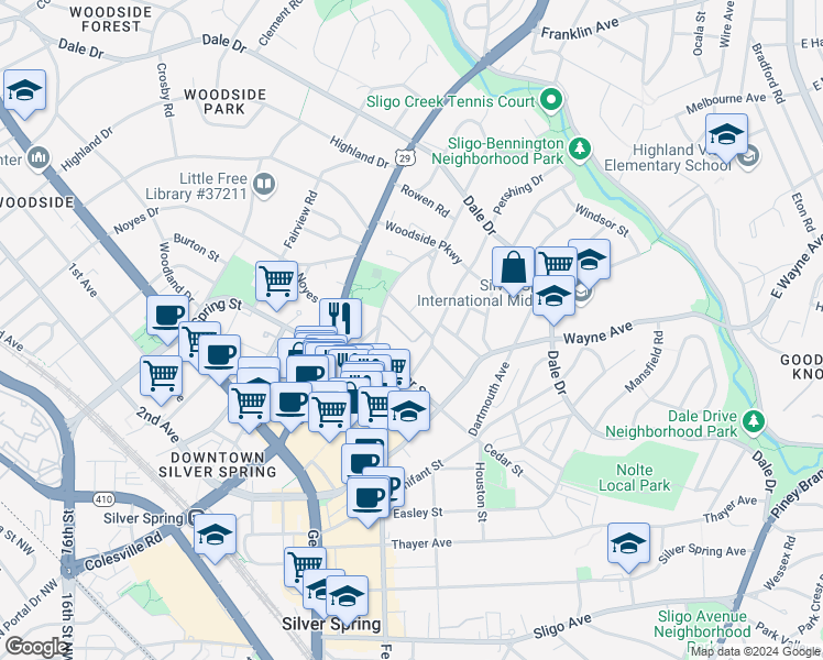 map of restaurants, bars, coffee shops, grocery stores, and more near 33 Ellsworth Heights Street in Silver Spring