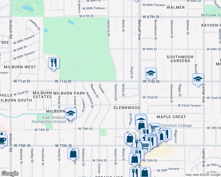 map of restaurants, bars, coffee shops, grocery stores, and more near 7507 West 71st Street in Overland Park