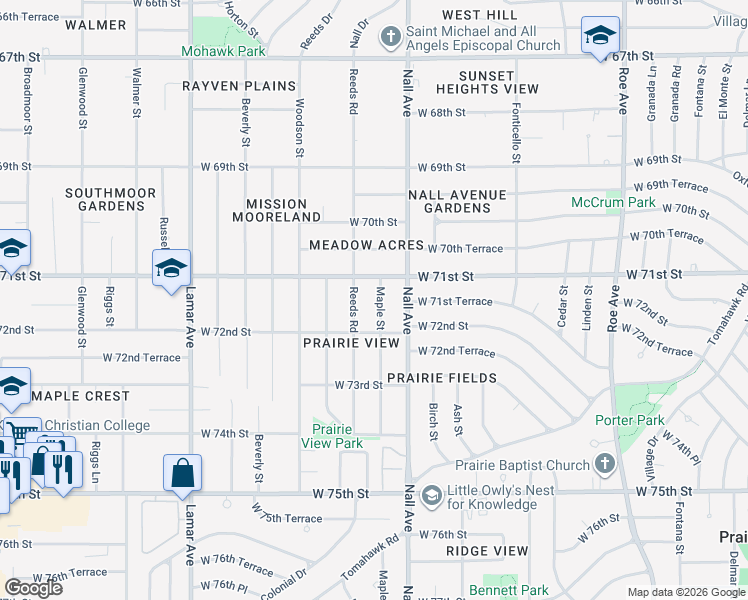 map of restaurants, bars, coffee shops, grocery stores, and more near 7118 Maple Street in Overland Park