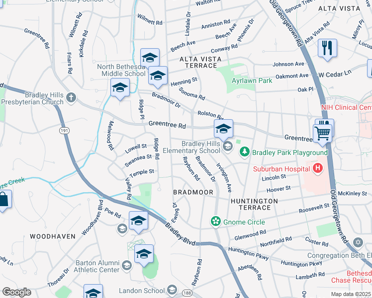 map of restaurants, bars, coffee shops, grocery stores, and more near 8709 Rayburn Road in Bethesda