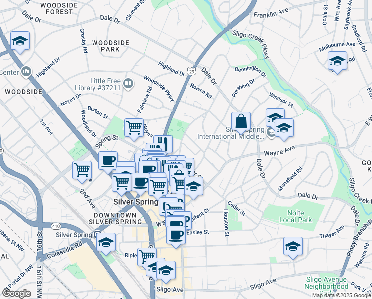 map of restaurants, bars, coffee shops, grocery stores, and more near 70 Ellsworth Heights Street in Silver Spring