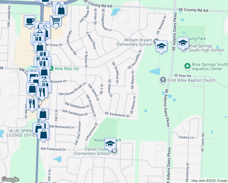 map of restaurants, bars, coffee shops, grocery stores, and more near 100 Southeast Cromwell in Blue Springs