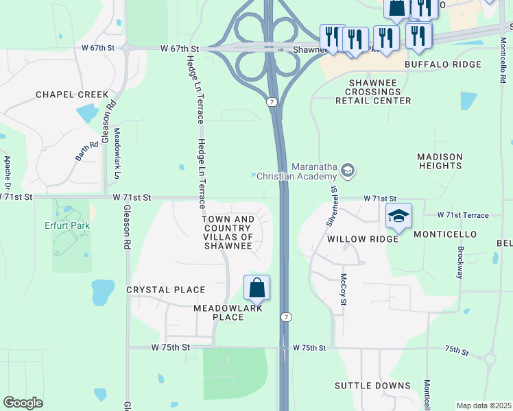 map of restaurants, bars, coffee shops, grocery stores, and more near 23216 West 71st Terrace in Shawnee
