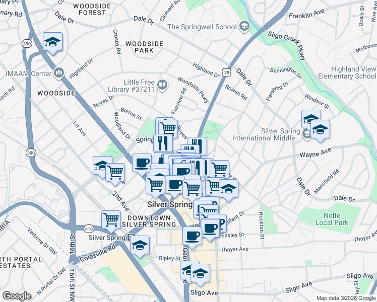map of restaurants, bars, coffee shops, grocery stores, and more near 1001 Spring Street in Silver Spring