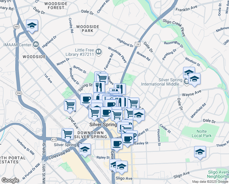 map of restaurants, bars, coffee shops, grocery stores, and more near 1001 Spring Street in Silver Spring