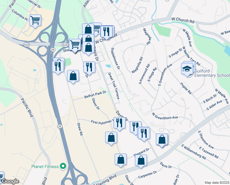 map of restaurants, bars, coffee shops, grocery stores, and more near 45509 Trail Run Terrace in Sterling