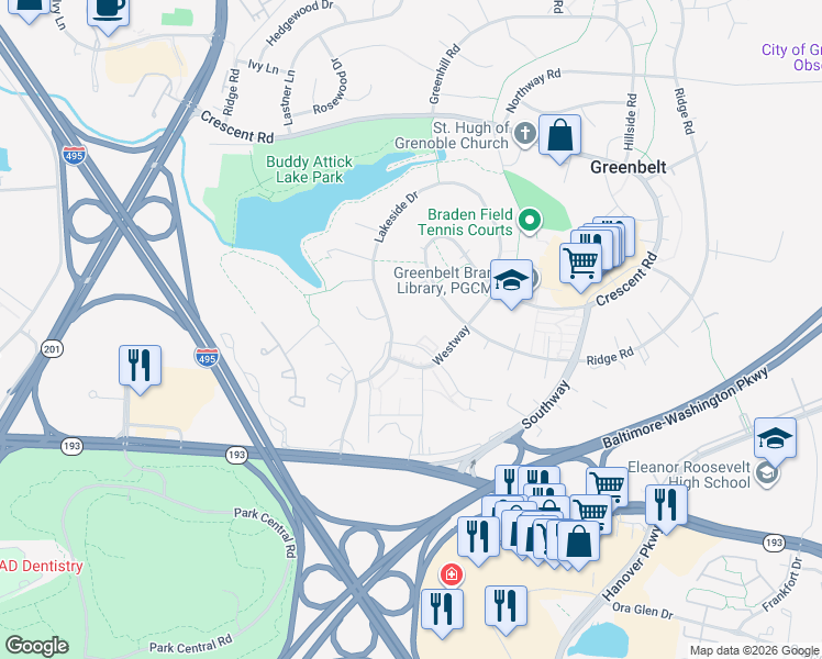 map of restaurants, bars, coffee shops, grocery stores, and more near in Greenbelt