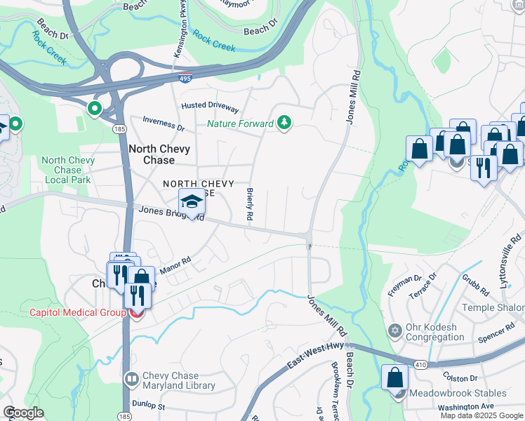 map of restaurants, bars, coffee shops, grocery stores, and more near 8808 Walnut Hill Road in Chevy Chase