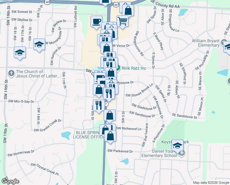 map of restaurants, bars, coffee shops, grocery stores, and more near 1521 Southwest 6 Street in Blue Springs