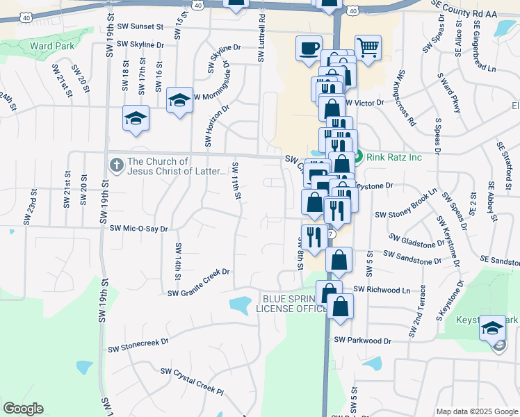 map of restaurants, bars, coffee shops, grocery stores, and more near 1001 Southwest Warrior in Blue Springs