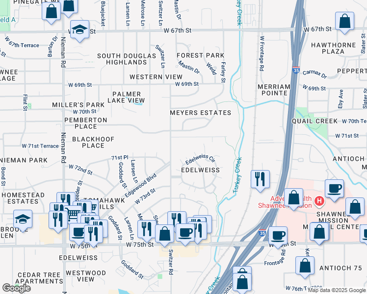 map of restaurants, bars, coffee shops, grocery stores, and more near 7101 Switzer Street in Shawnee