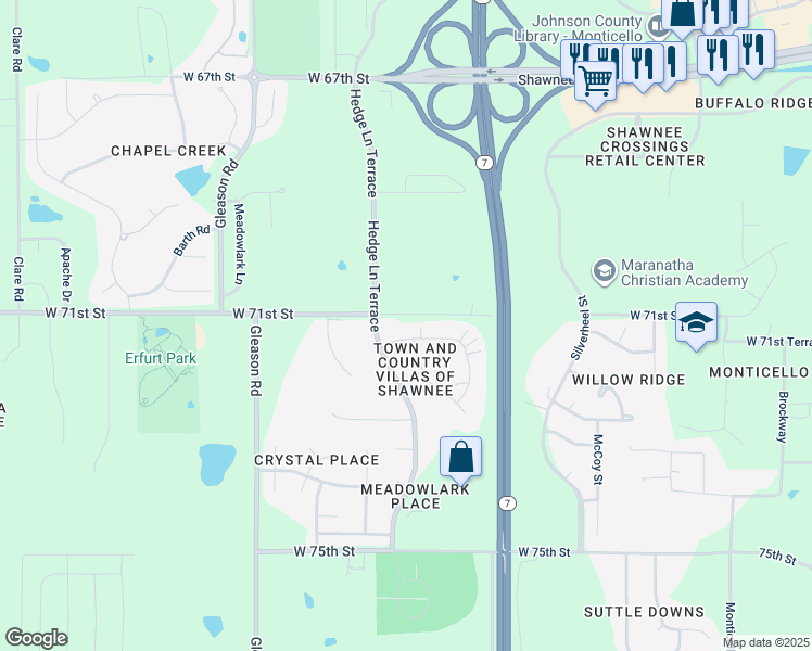 map of restaurants, bars, coffee shops, grocery stores, and more near 23414 West 71st Terrace in Shawnee