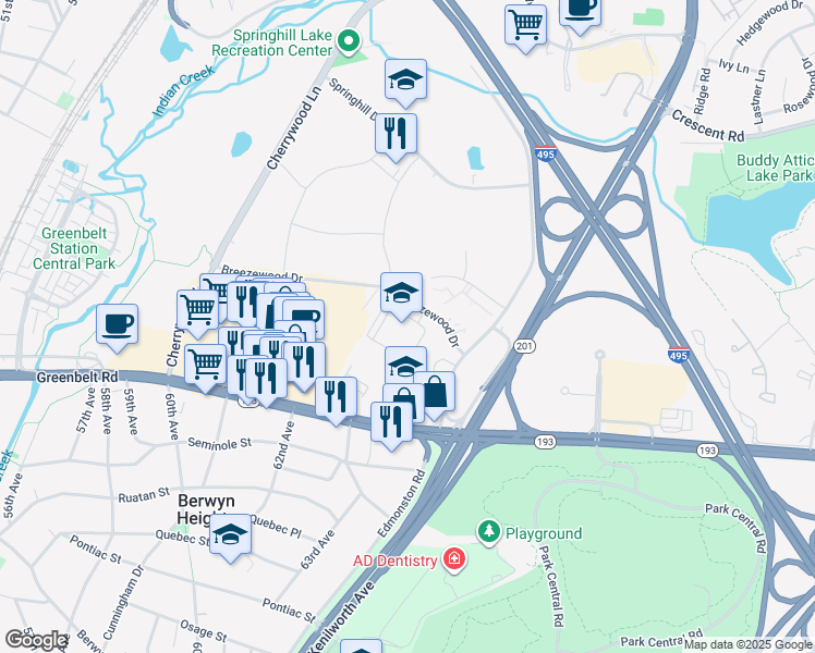 map of restaurants, bars, coffee shops, grocery stores, and more near 6301 Breezewood Drive in Greenbelt
