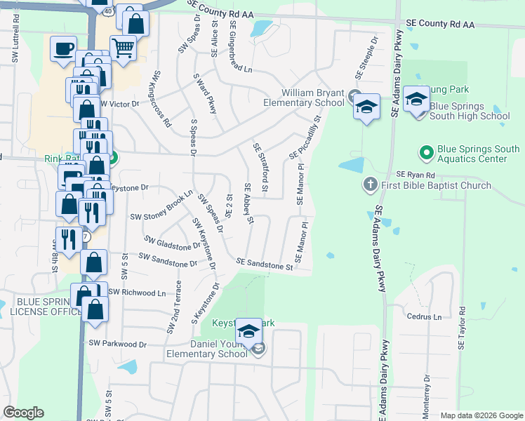map of restaurants, bars, coffee shops, grocery stores, and more near 208 Southeast Cromwell in Blue Springs
