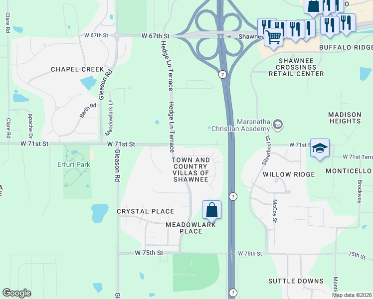 map of restaurants, bars, coffee shops, grocery stores, and more near 23414 West 71st Terrace in Shawnee