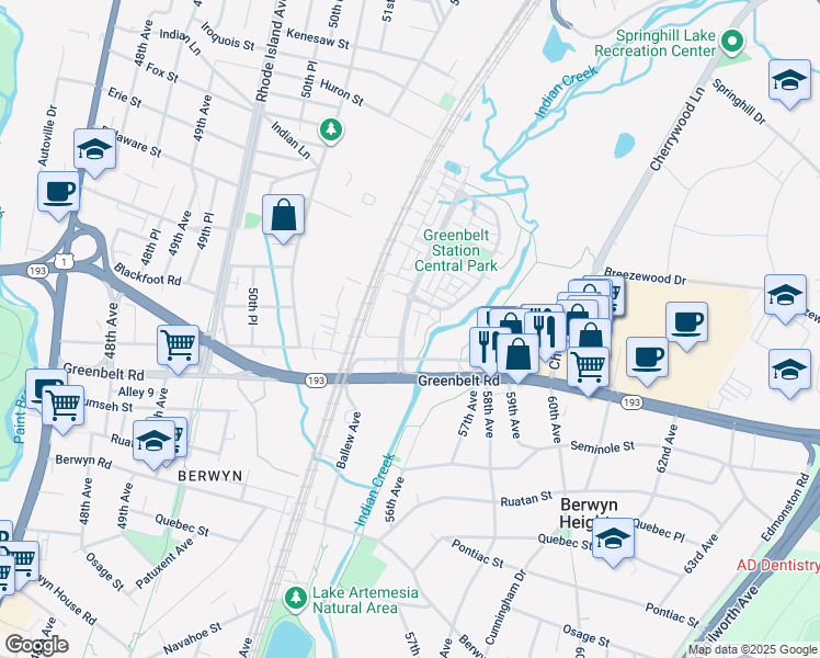 map of restaurants, bars, coffee shops, grocery stores, and more near 8013 Greenbelt Station Parkway in Greenbelt