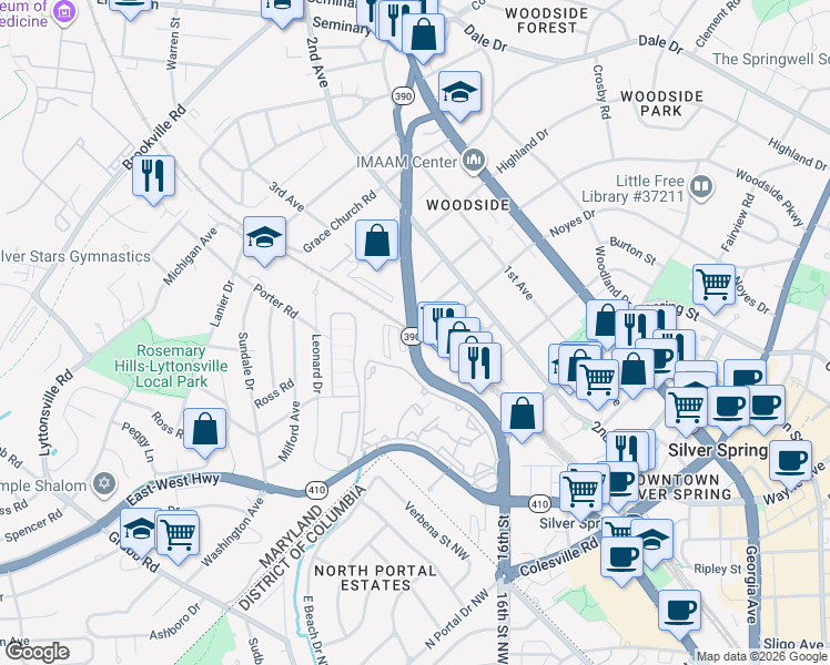 map of restaurants, bars, coffee shops, grocery stores, and more near 16th Street in Silver Spring