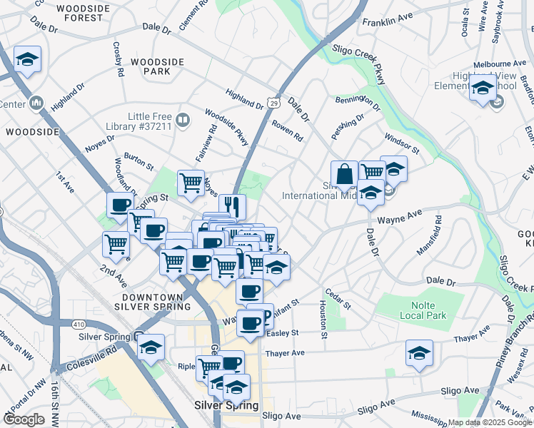 map of restaurants, bars, coffee shops, grocery stores, and more near 72 Ellsworth Heights Street in Silver Spring