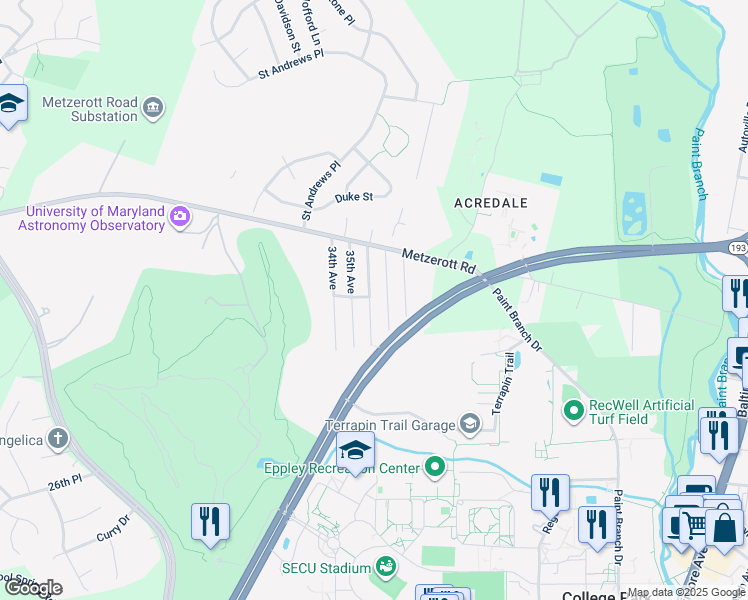 map of restaurants, bars, coffee shops, grocery stores, and more near 8729 36th Avenue in College Park