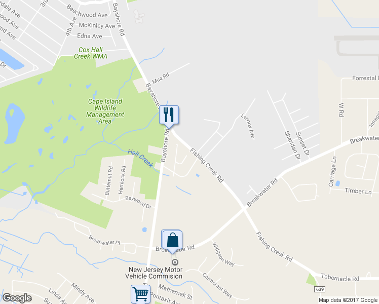 map of restaurants, bars, coffee shops, grocery stores, and more near 122 Fishing Creek Road in Cape May
