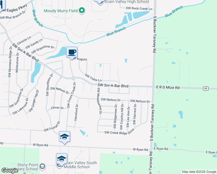 map of restaurants, bars, coffee shops, grocery stores, and more near 625 Southwest Tisha Lane in Grain Valley