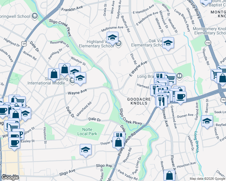 map of restaurants, bars, coffee shops, grocery stores, and more near Sligo Creek Pkwy & E Wayne Ave in Silver Spring