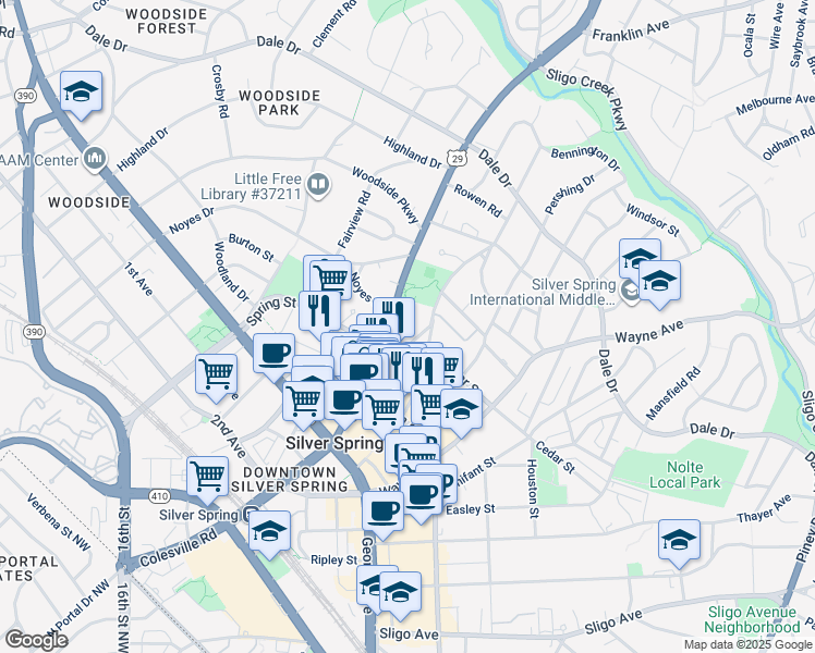 map of restaurants, bars, coffee shops, grocery stores, and more near 8811 Colesville Road in Silver Spring
