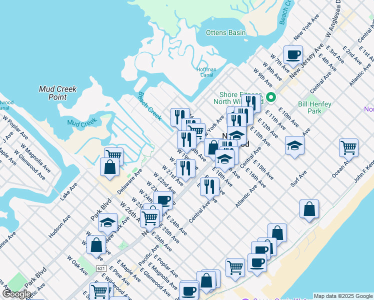 map of restaurants, bars, coffee shops, grocery stores, and more near 1710 New York Avenue in Wildwood