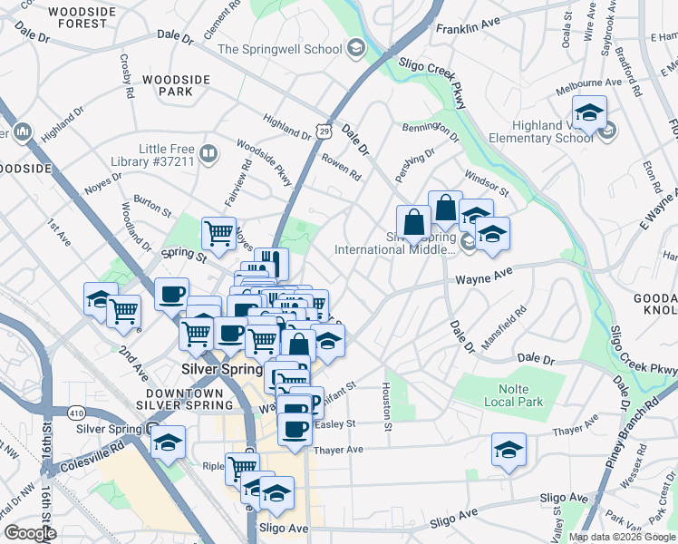 map of restaurants, bars, coffee shops, grocery stores, and more near 8620 Springvale Road in Silver Spring