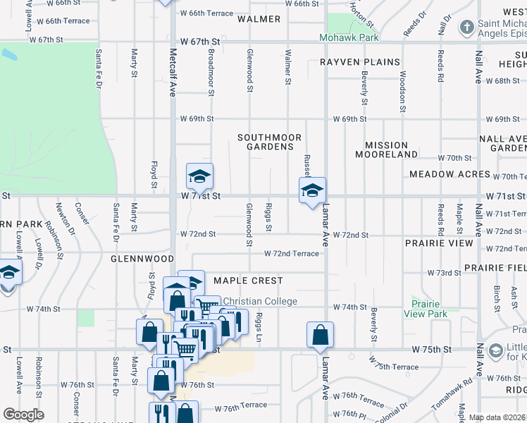 map of restaurants, bars, coffee shops, grocery stores, and more near 7108 Riggs Street in Overland Park