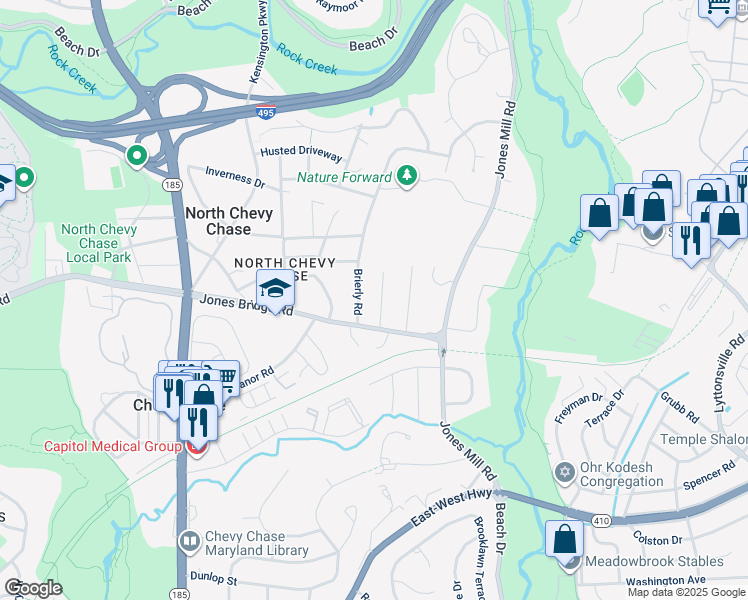 map of restaurants, bars, coffee shops, grocery stores, and more near 8808 Walnut Hill Road in Chevy Chase