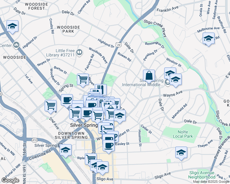 map of restaurants, bars, coffee shops, grocery stores, and more near 72 Ellsworth Heights Street in Silver Spring
