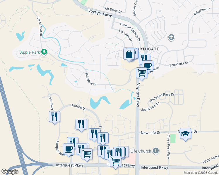 map of restaurants, bars, coffee shops, grocery stores, and more near 11403 Ridgeline Drive in Colorado Springs