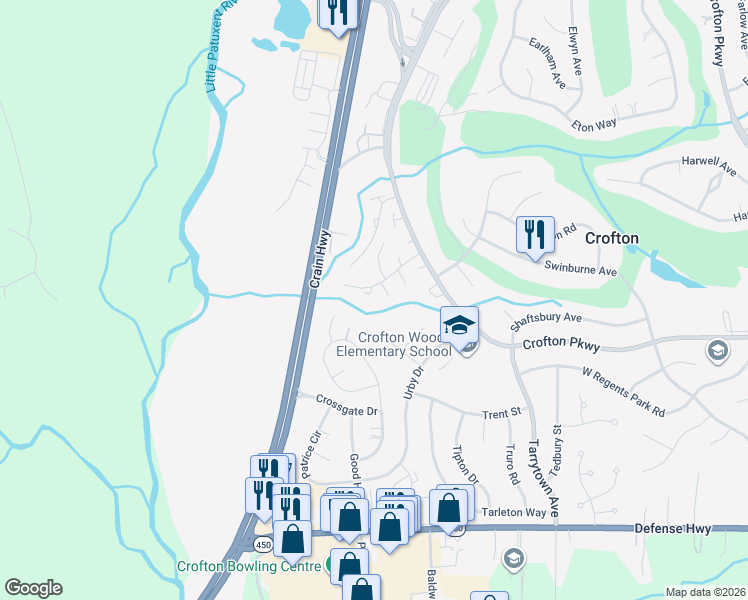 map of restaurants, bars, coffee shops, grocery stores, and more near 1699 Freemont Court in Crofton