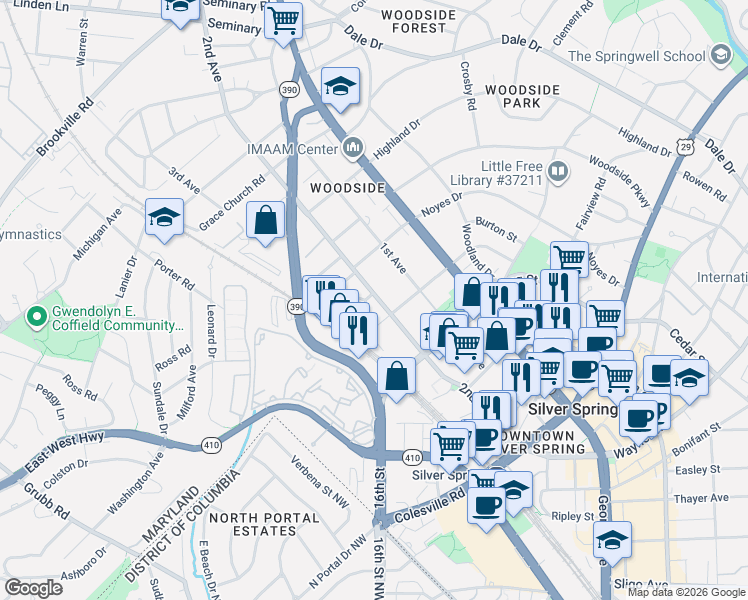 map of restaurants, bars, coffee shops, grocery stores, and more near 101 Independence Avenue Southeast in Washington