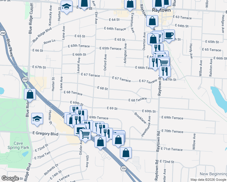 map of restaurants, bars, coffee shops, grocery stores, and more near 9408 East 68 Street in Raytown