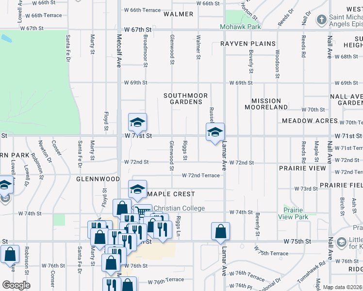 map of restaurants, bars, coffee shops, grocery stores, and more near 7108 Riggs Street in Overland Park