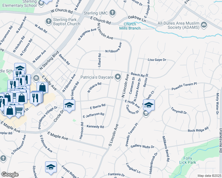 map of restaurants, bars, coffee shops, grocery stores, and more near 108 North Johnson Road in Sterling