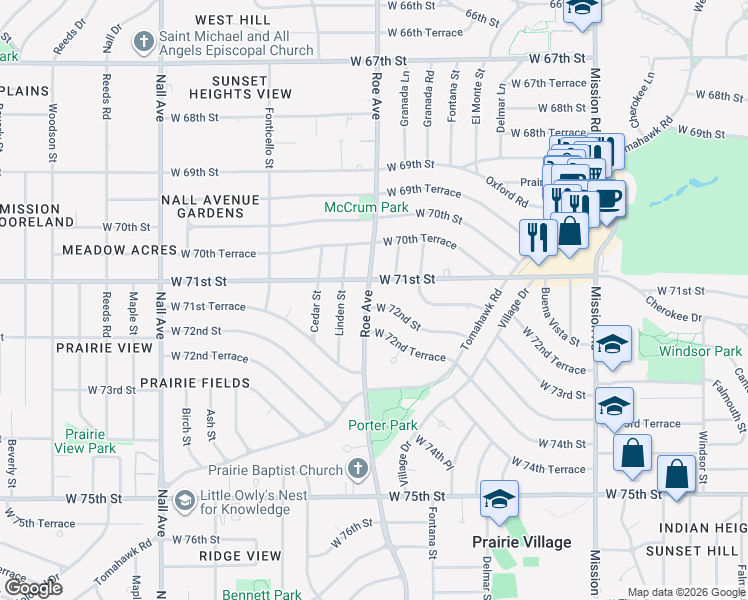 map of restaurants, bars, coffee shops, grocery stores, and more near 4635 West 71st Street in Prairie Village