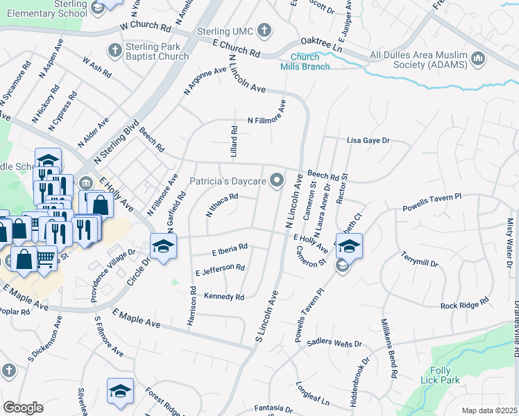 map of restaurants, bars, coffee shops, grocery stores, and more near 108 North Johnson Road in Sterling