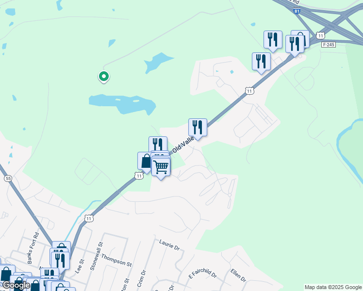map of restaurants, bars, coffee shops, grocery stores, and more near 33321 Old Valley Pike in Strasburg