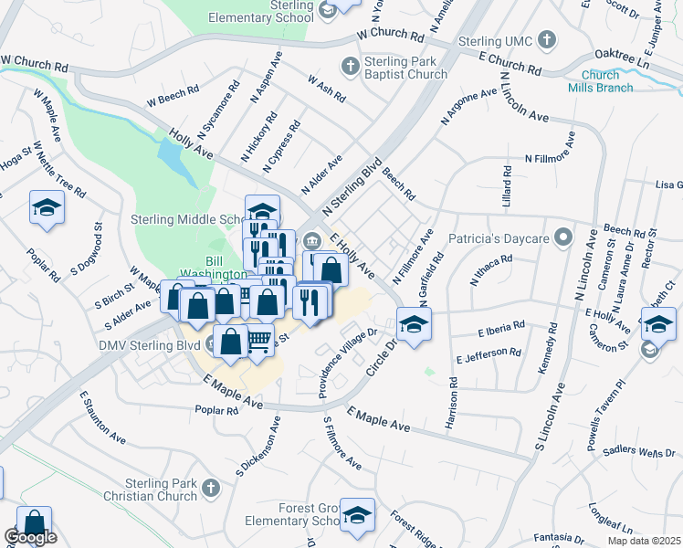 map of restaurants, bars, coffee shops, grocery stores, and more near 104 Commerce Street in Sterling