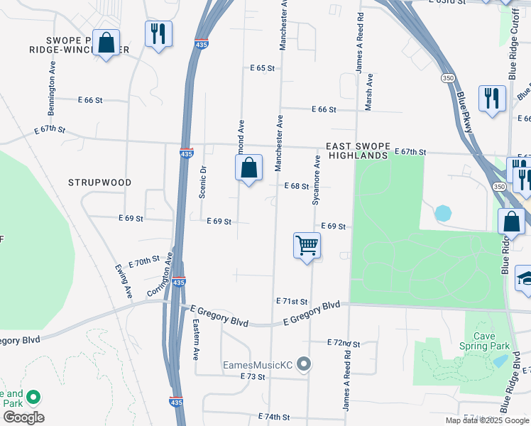map of restaurants, bars, coffee shops, grocery stores, and more near 6834 Manchester Avenue in Kansas City