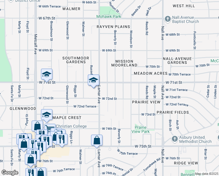 map of restaurants, bars, coffee shops, grocery stores, and more near 7106 Horton Street in Overland Park
