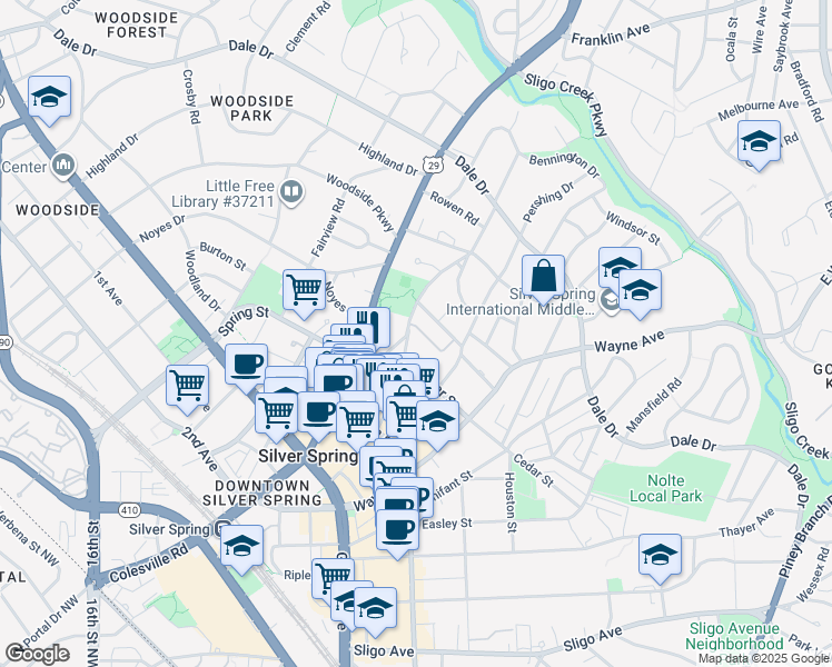 map of restaurants, bars, coffee shops, grocery stores, and more near 82 Ellsworth Heights Street in Silver Spring