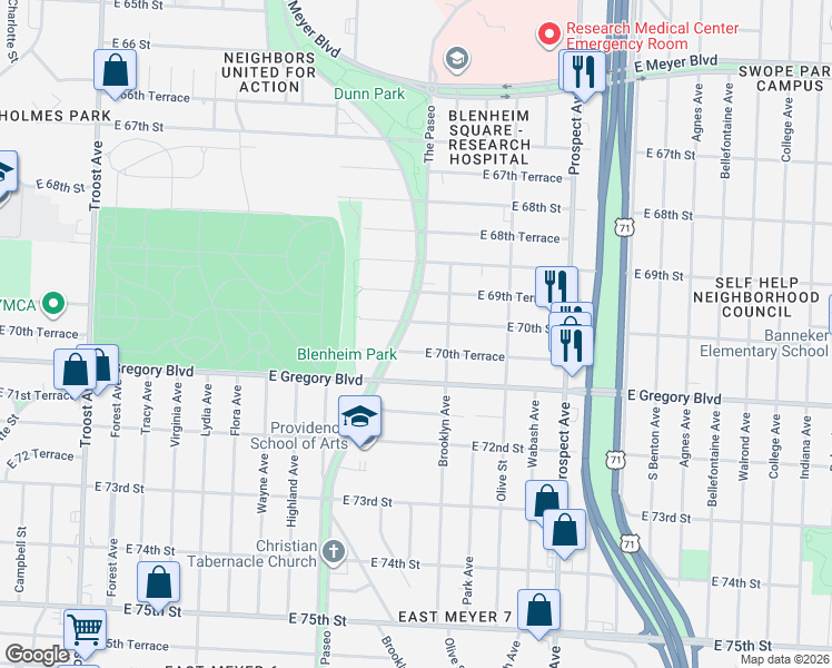 map of restaurants, bars, coffee shops, grocery stores, and more near 7007 Paseo Boulevard in Kansas City